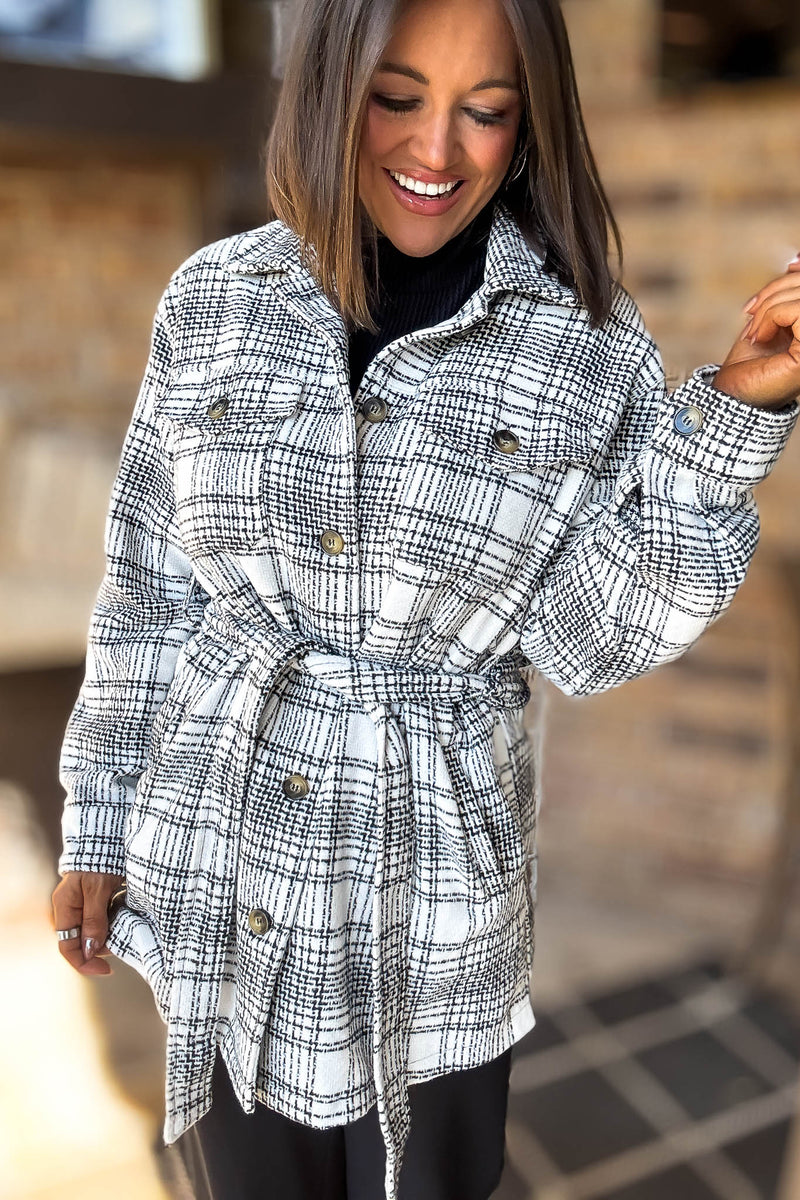 Ivory Tartan Tweed Front Tie Oversized Shacket