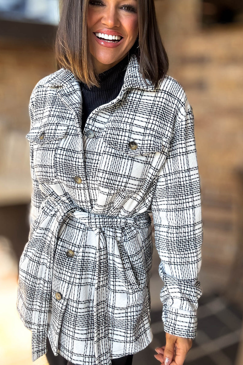 Ivory Tartan Tweed Front Tie Oversized Shacket