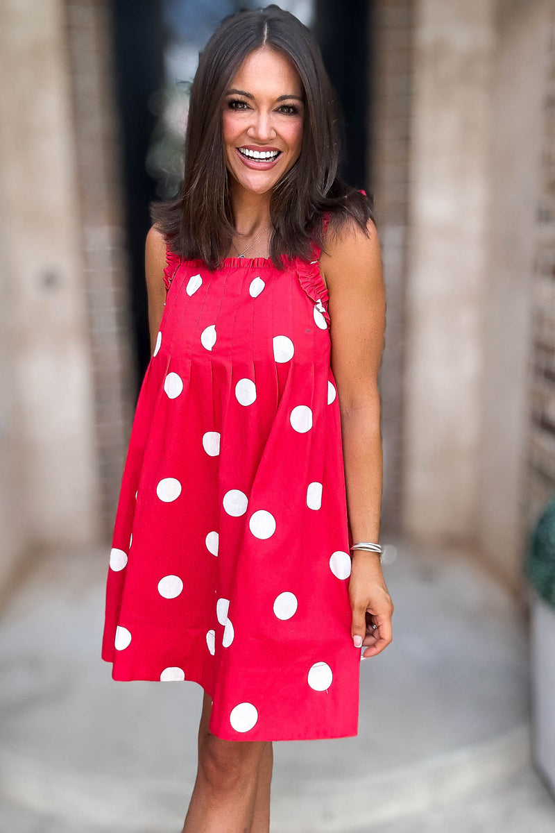 Red Magical Polka Dot Ruffle Shoulder Strap Pleated Mini Dress
