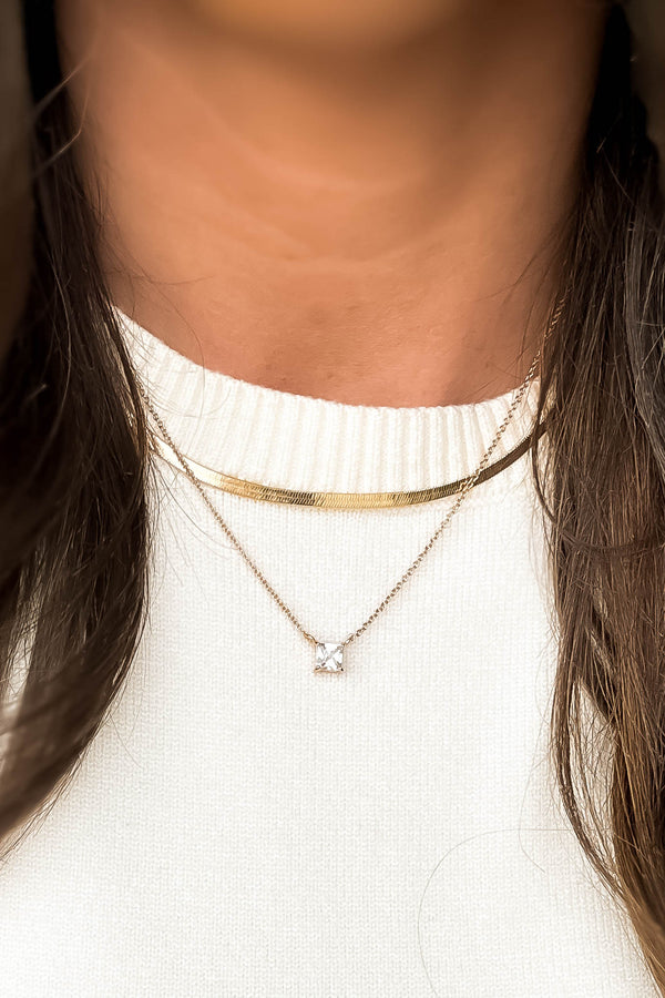 Herringbone And Square CZ Pendant Necklace Set