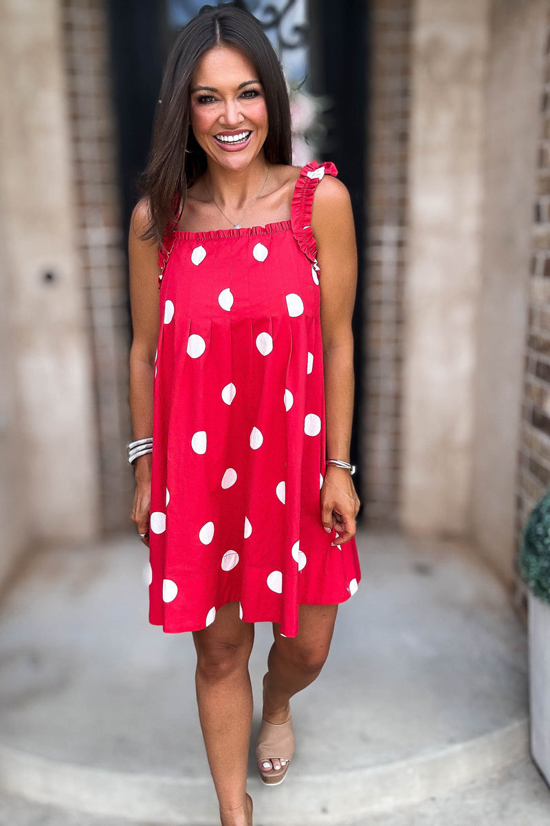 Red Magical Polka Dot Ruffle Shoulder Strap Pleated Mini Dress