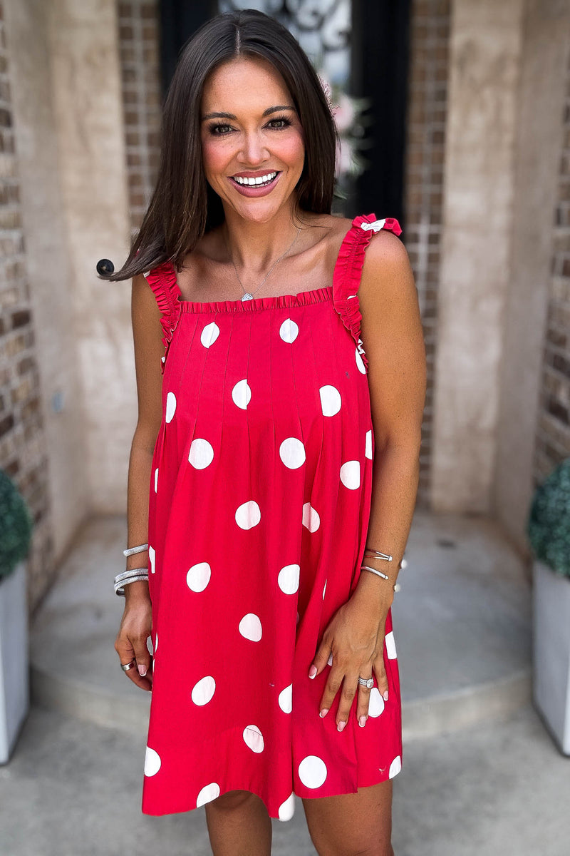 Red Magical Polka Dot Ruffle Shoulder Strap Pleated Mini Dress