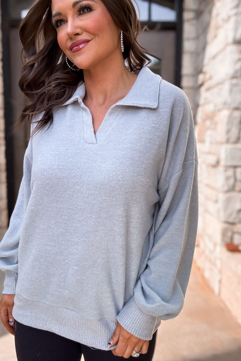 Just Remember Heather Grey Collared Brush Knit Top