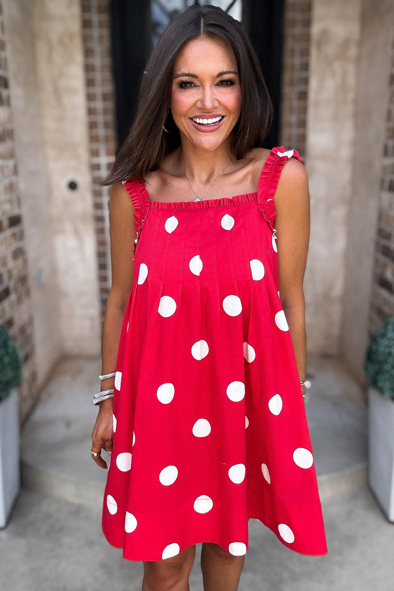 Red Magical Polka Dot Ruffle Shoulder Strap Pleated Mini Dress