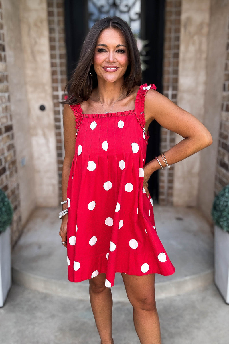 Red Magical Polka Dot Ruffle Shoulder Strap Pleated Mini Dress