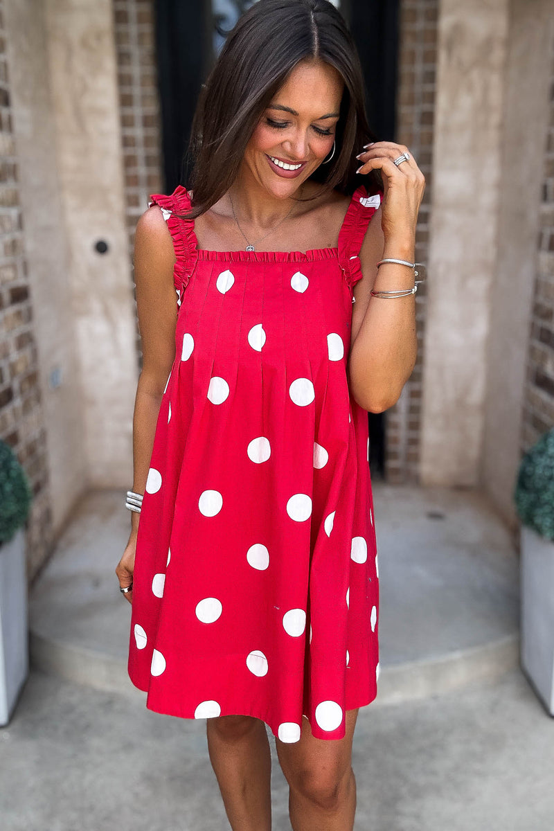 Red Magical Polka Dot Ruffle Shoulder Strap Pleated Mini Dress