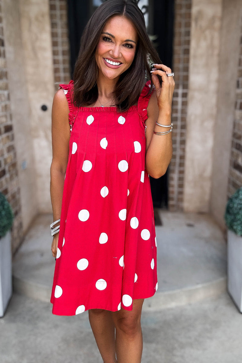 Red Magical Polka Dot Ruffle Shoulder Strap Pleated Mini Dress