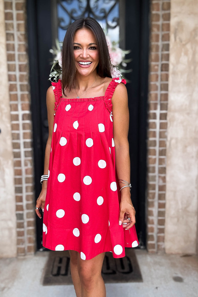 Red Magical Polka Dot Ruffle Shoulder Strap Pleated Mini Dress