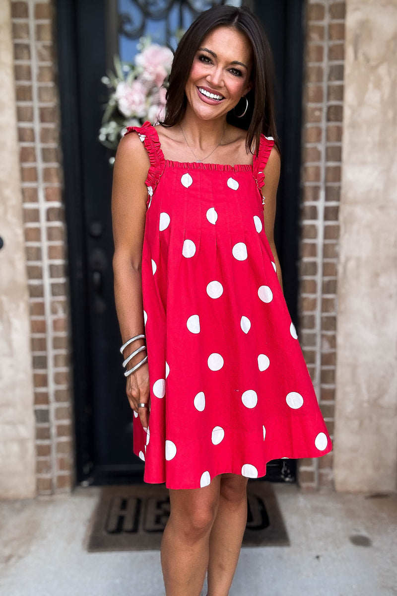 Red Magical Polka Dot Ruffle Shoulder Strap Pleated Mini Dress