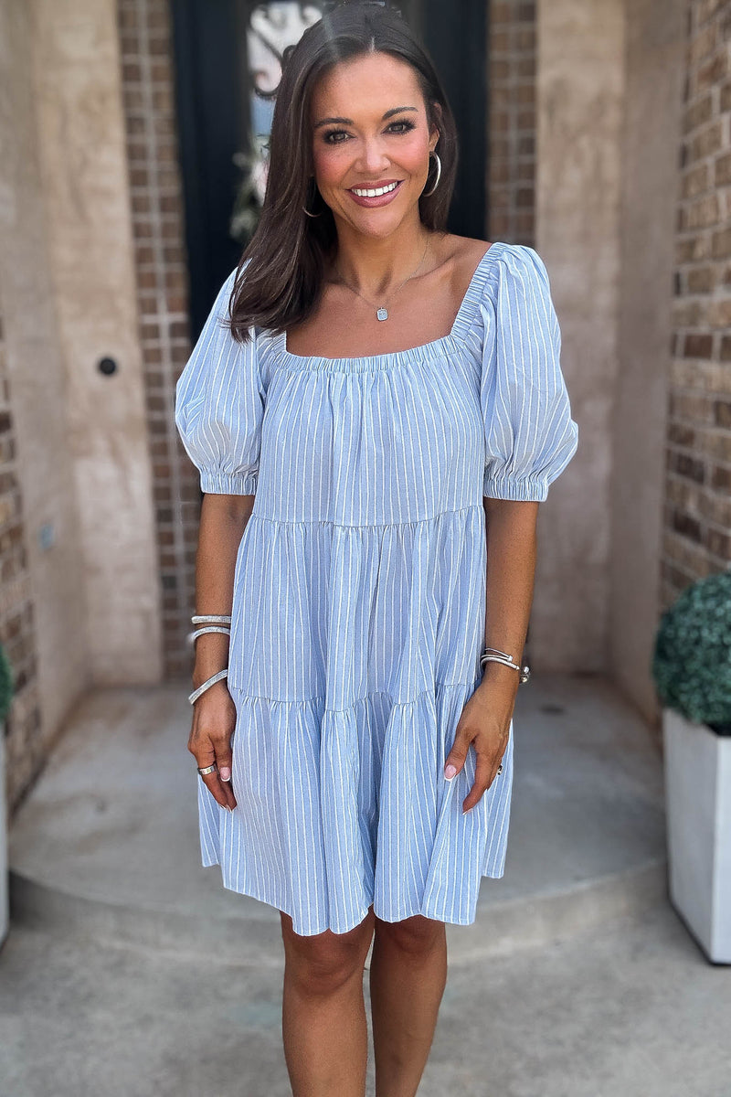 Mable Super Striped Puffed Sleeve Square Neck Mini Dress