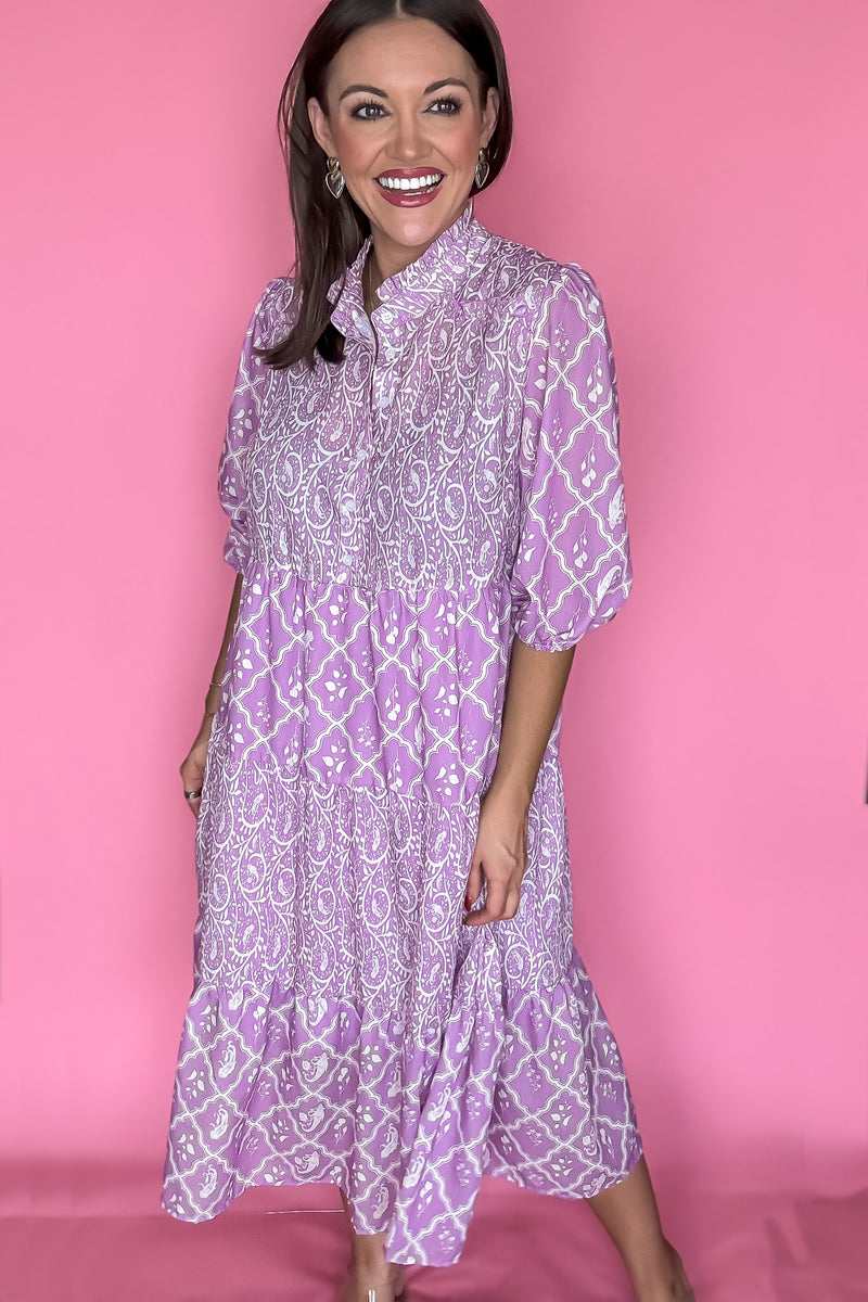 Lilac Mixed Print Tiered Midi Dress