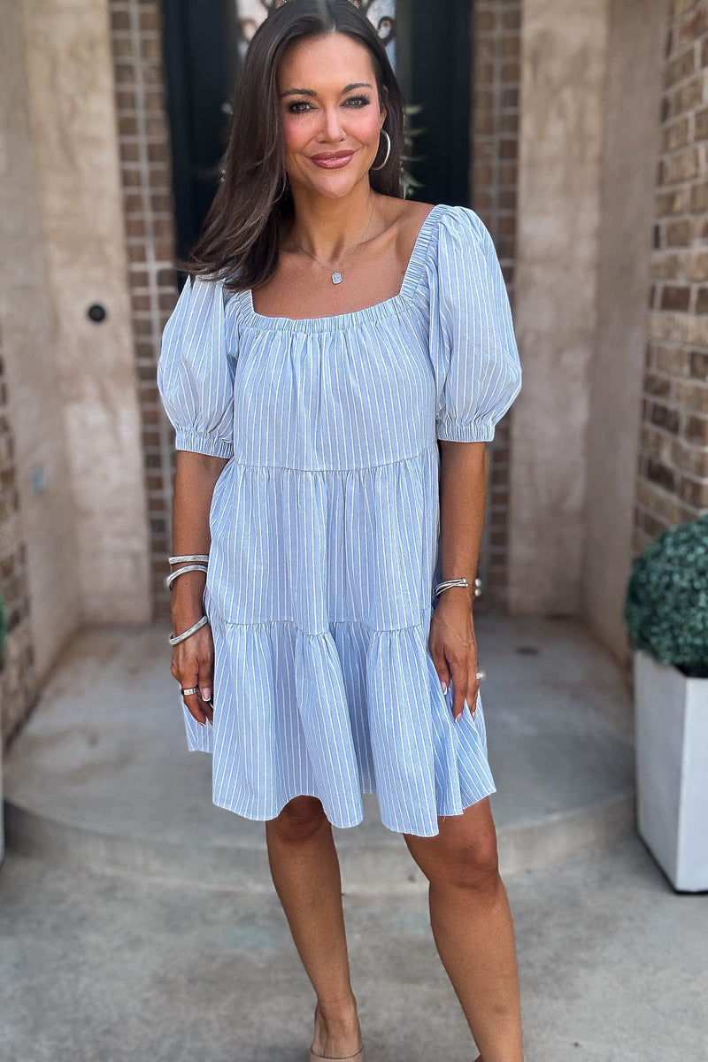 Mable Super Striped Puffed Sleeve Square Neck Mini Dress