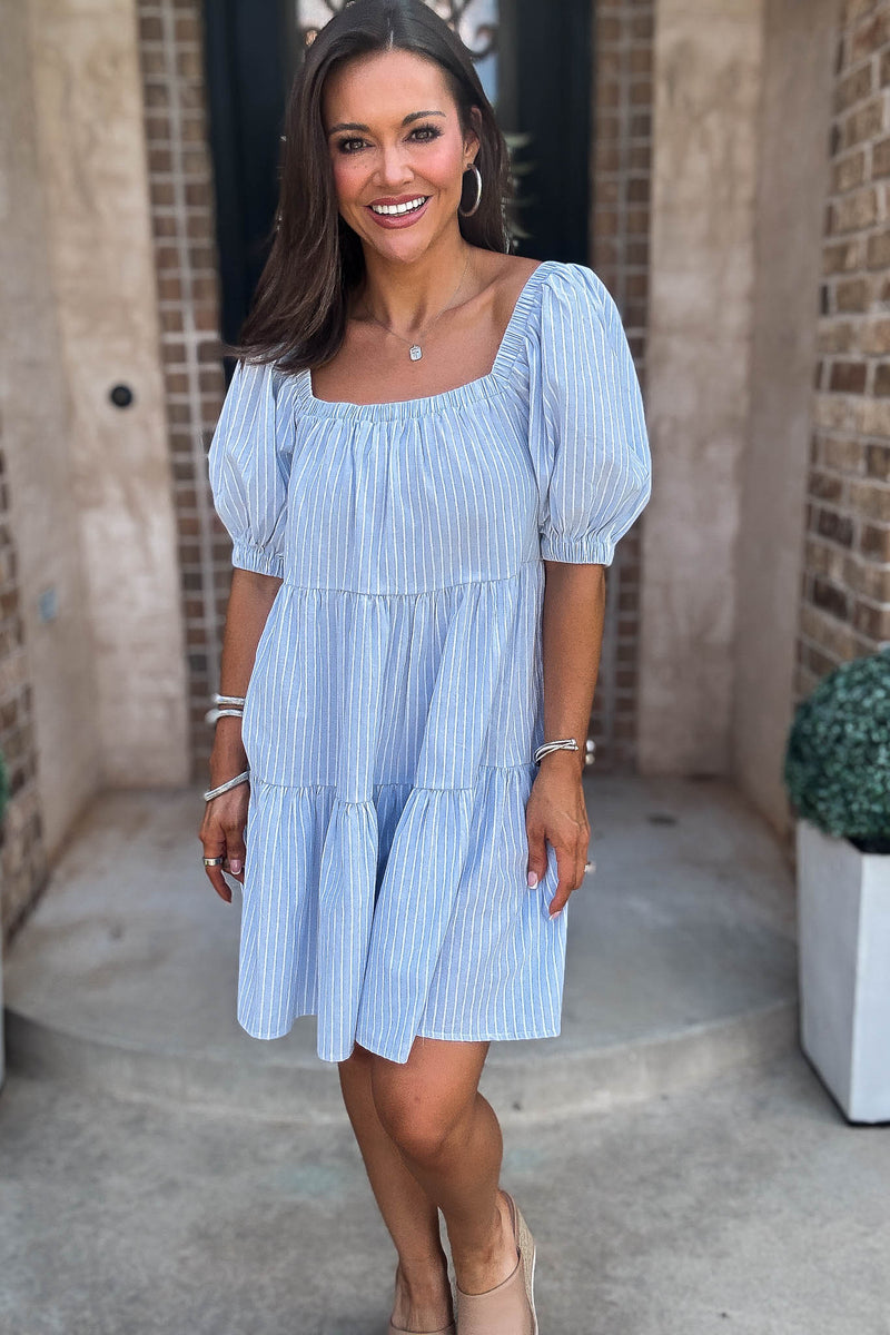 Mable Super Striped Puffed Sleeve Square Neck Mini Dress