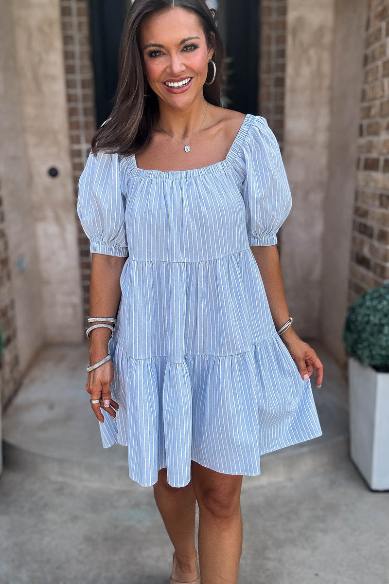 Mable Super Striped Puffed Sleeve Square Neck Mini Dress