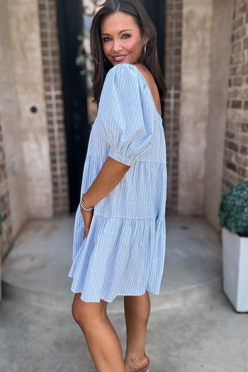 Mable Super Striped Puffed Sleeve Square Neck Mini Dress
