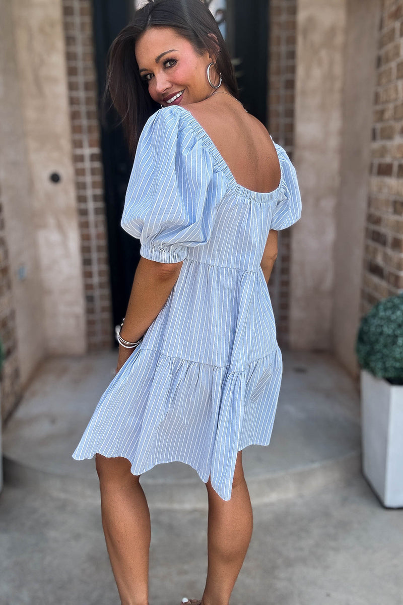 Mable Super Striped Puffed Sleeve Square Neck Mini Dress
