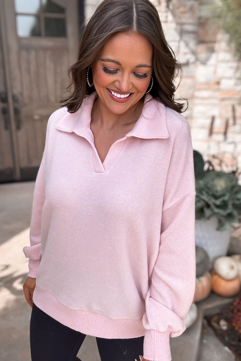 Just Remember Dusty Pink Collared Brush Knit Top