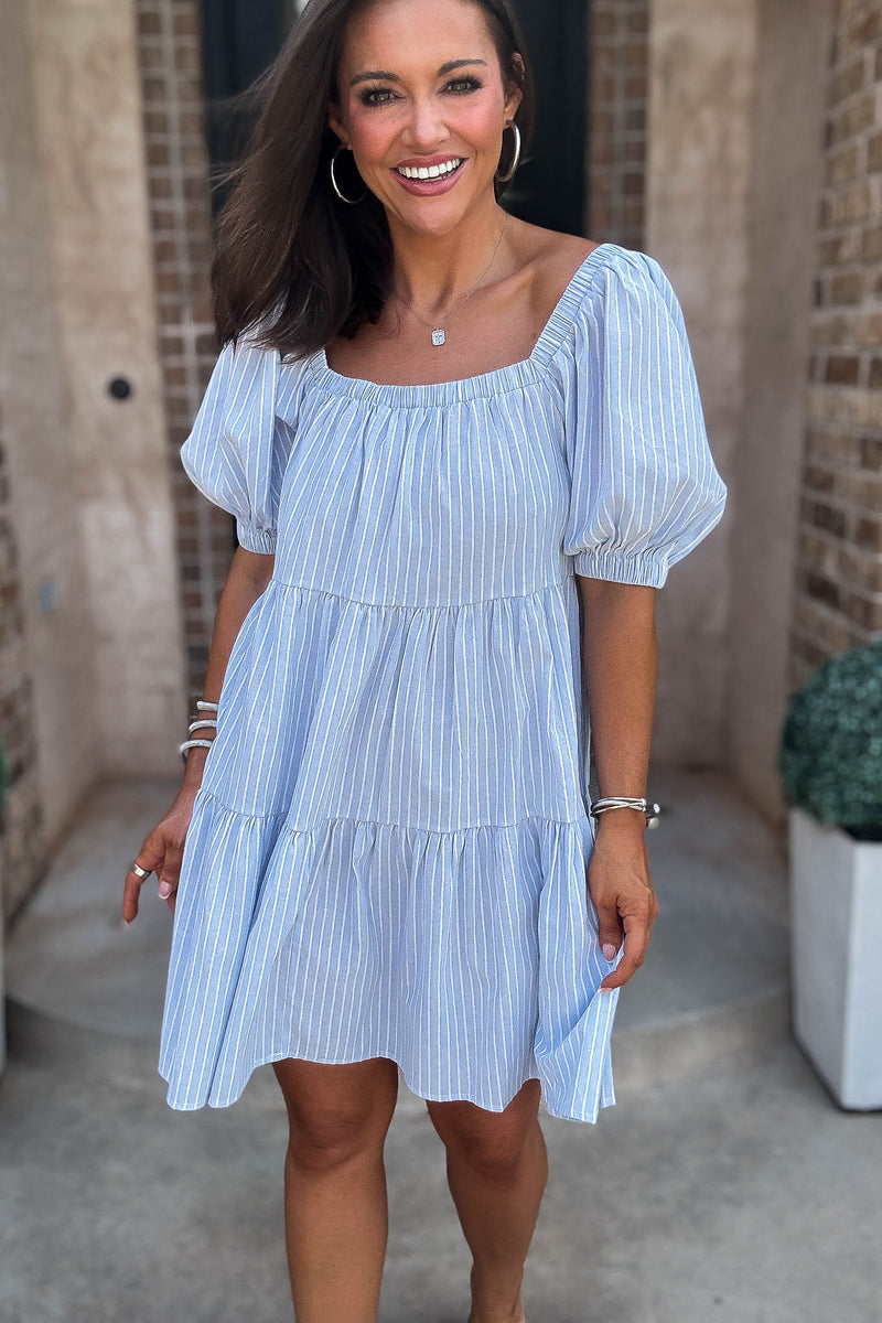 Mable Super Striped Puffed Sleeve Square Neck Mini Dress