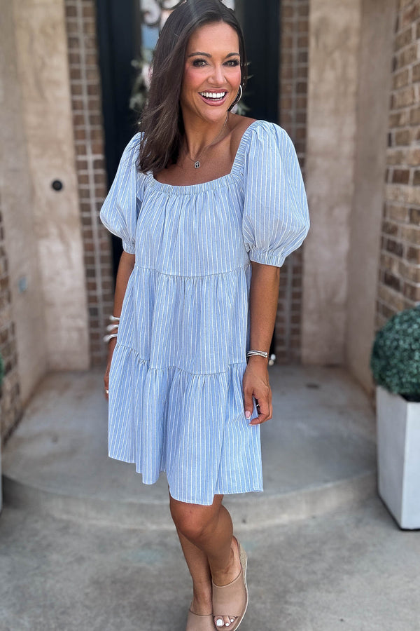 Mable Super Striped Puffed Sleeve Square Neck Mini Dress