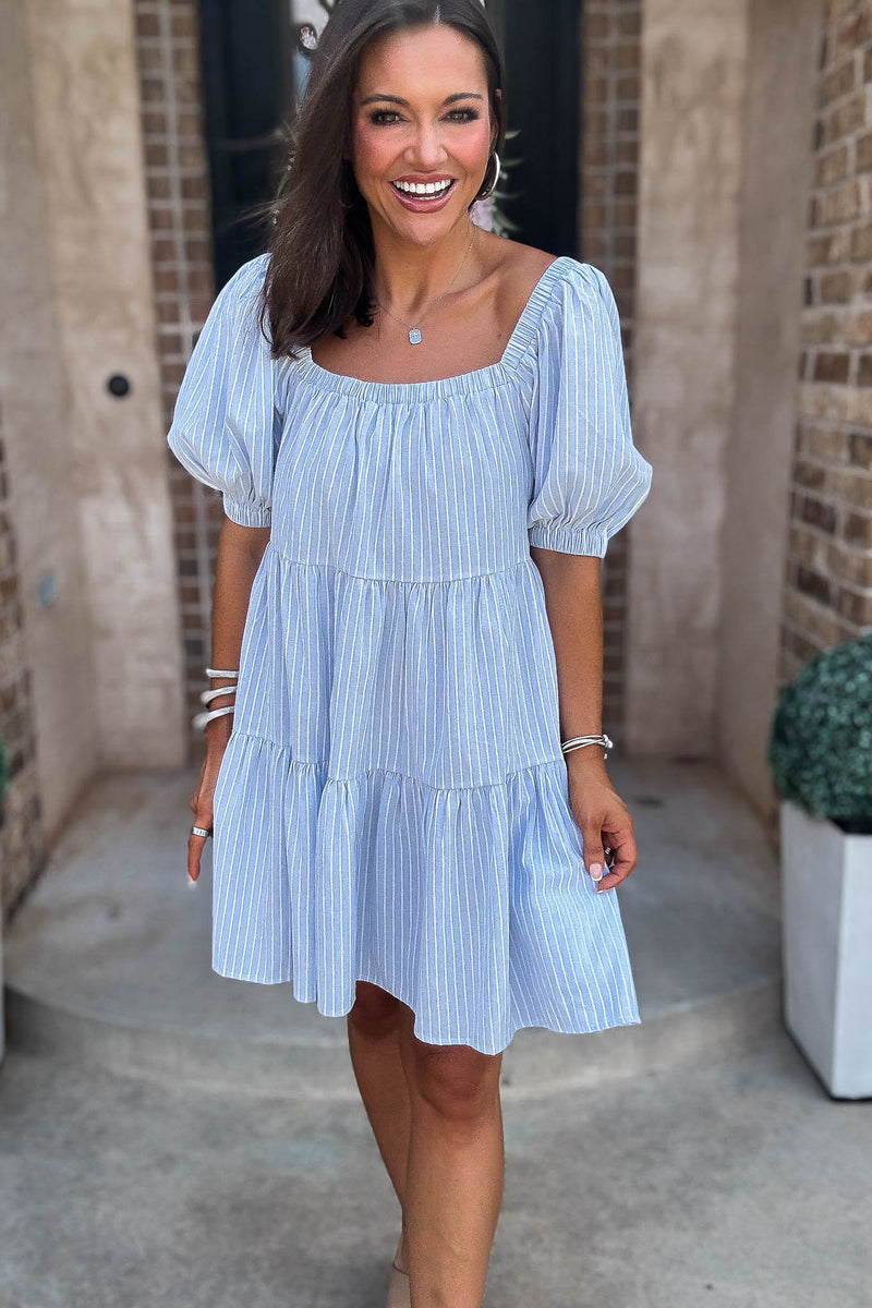 Mable Super Striped Puffed Sleeve Square Neck Mini Dress