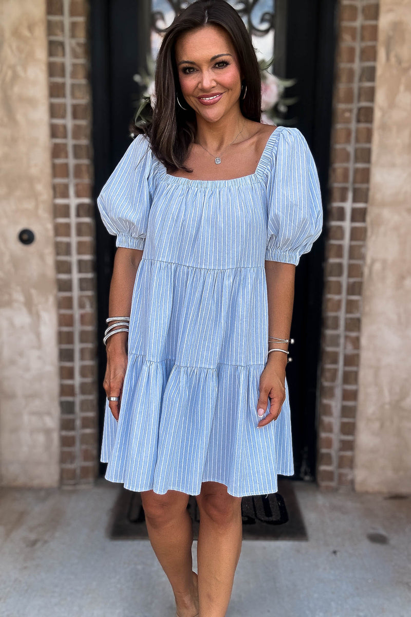 Mable Super Striped Puffed Sleeve Square Neck Mini Dress