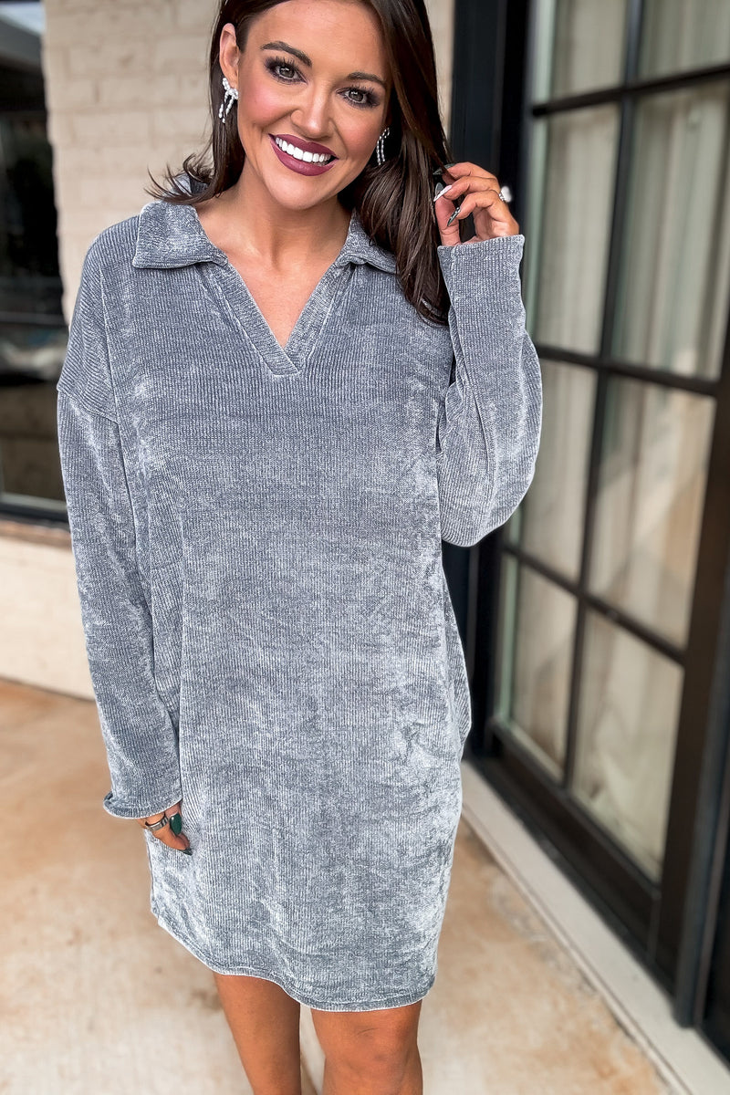 Long Sleeves Grey Collared Neckline Chenille Knit Dress