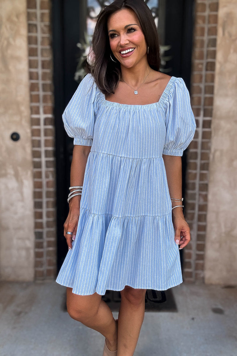 Mable Super Striped Puffed Sleeve Square Neck Mini Dress