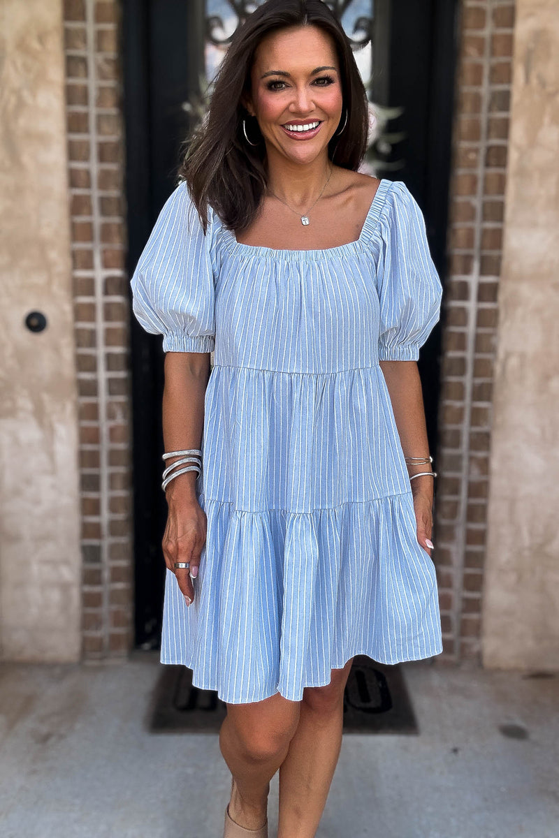 Mable Super Striped Puffed Sleeve Square Neck Mini Dress