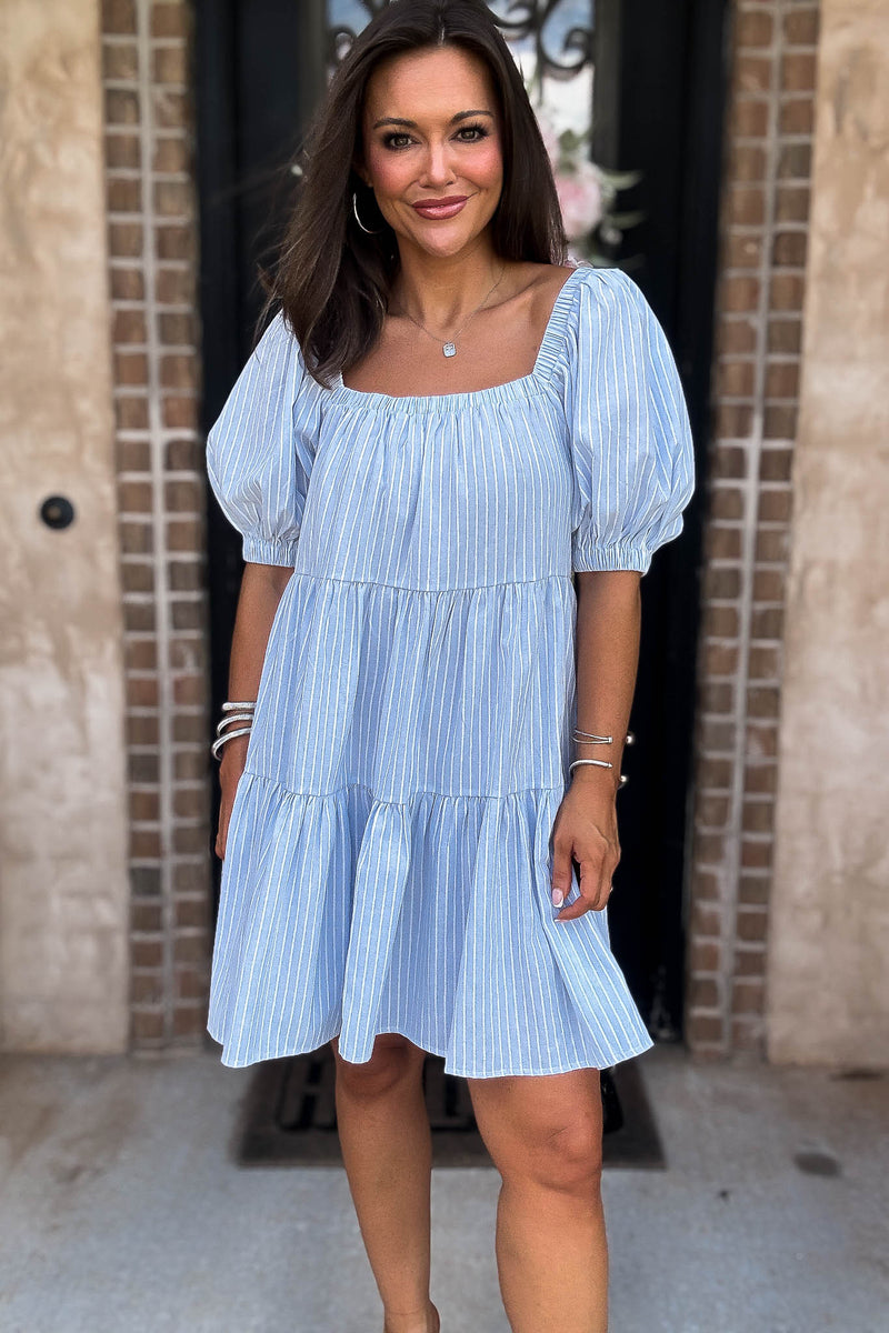 Mable Super Striped Puffed Sleeve Square Neck Mini Dress