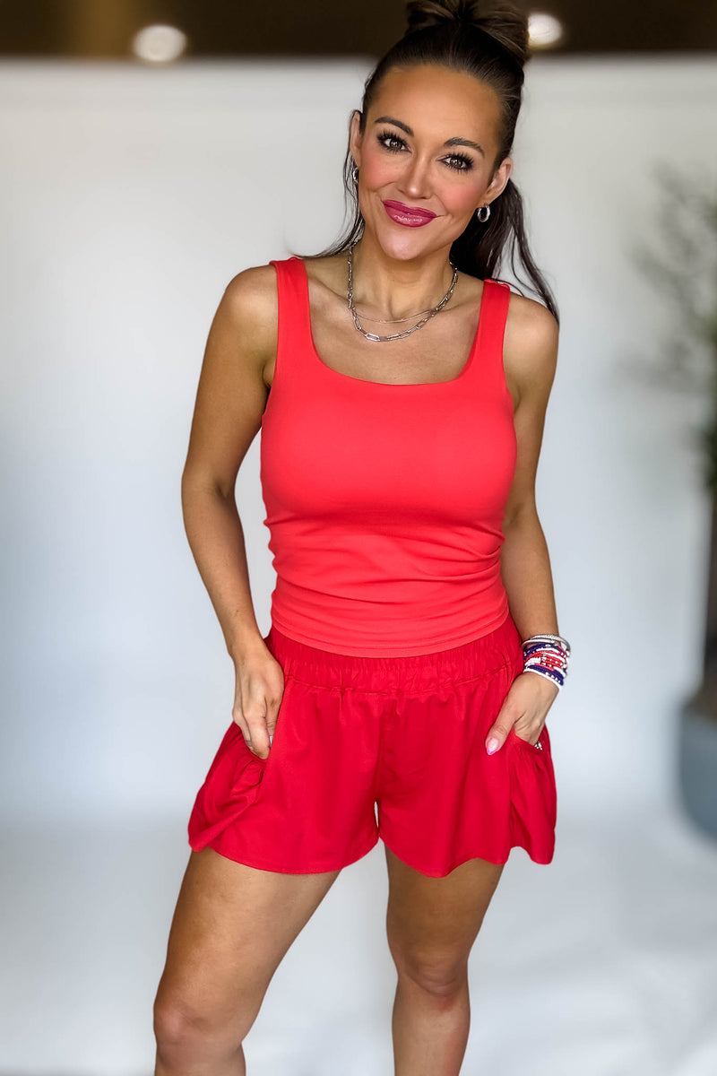 Lycra-blend Square Neck Red Active Tank