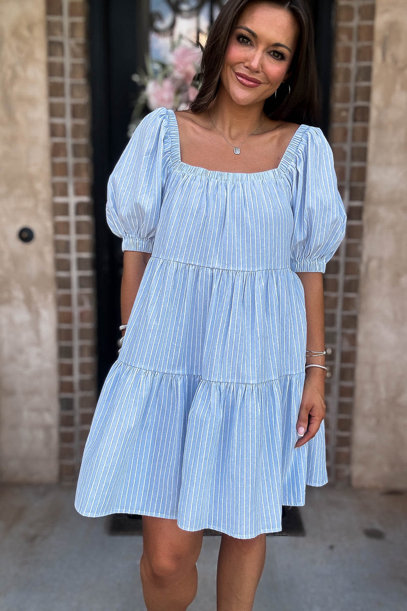 Mable Super Striped Puffed Sleeve Square Neck Mini Dress