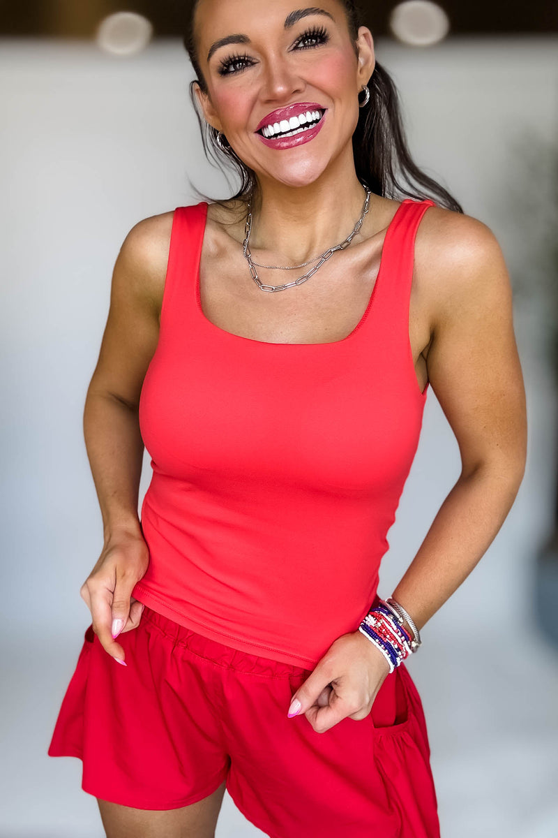 Lycra-blend Square Neck Red Active Tank