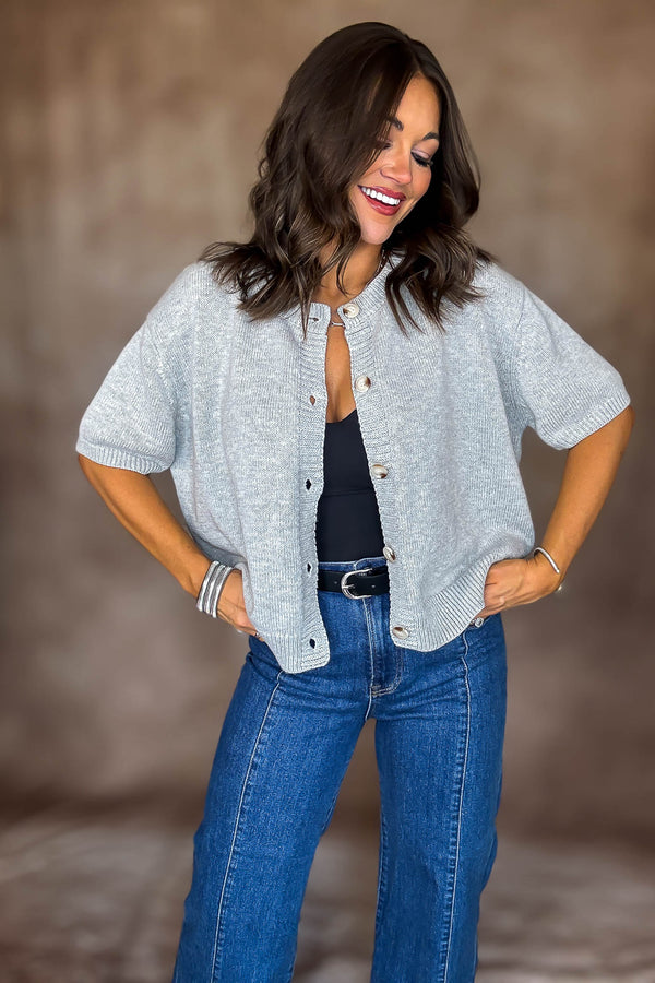 Short Sleeve Heather Grey Sweater Cardigan