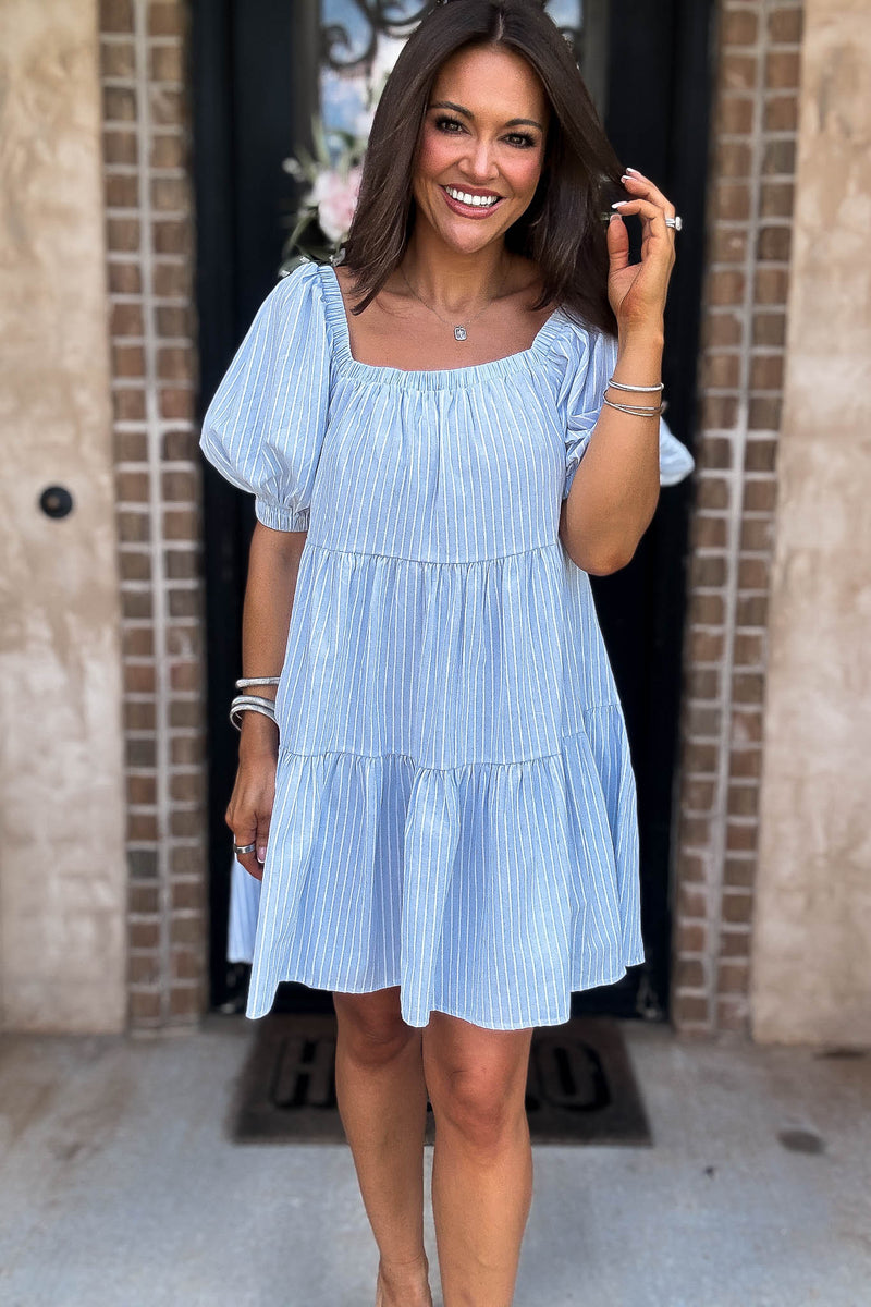 Mable Super Striped Puffed Sleeve Square Neck Mini Dress