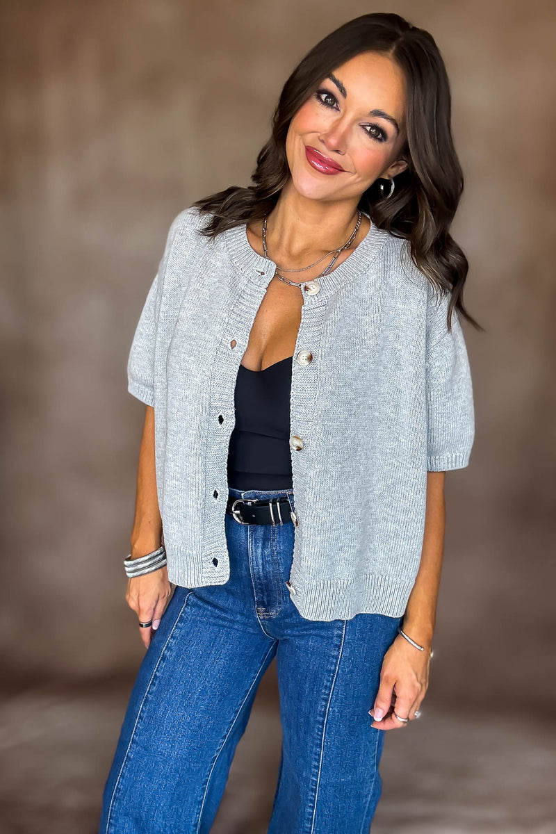 Short Sleeve Heather Grey Sweater Cardigan