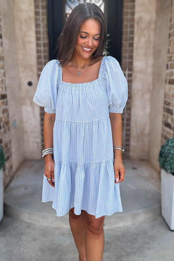 Mable Super Striped Puffed Sleeve Square Neck Mini Dress