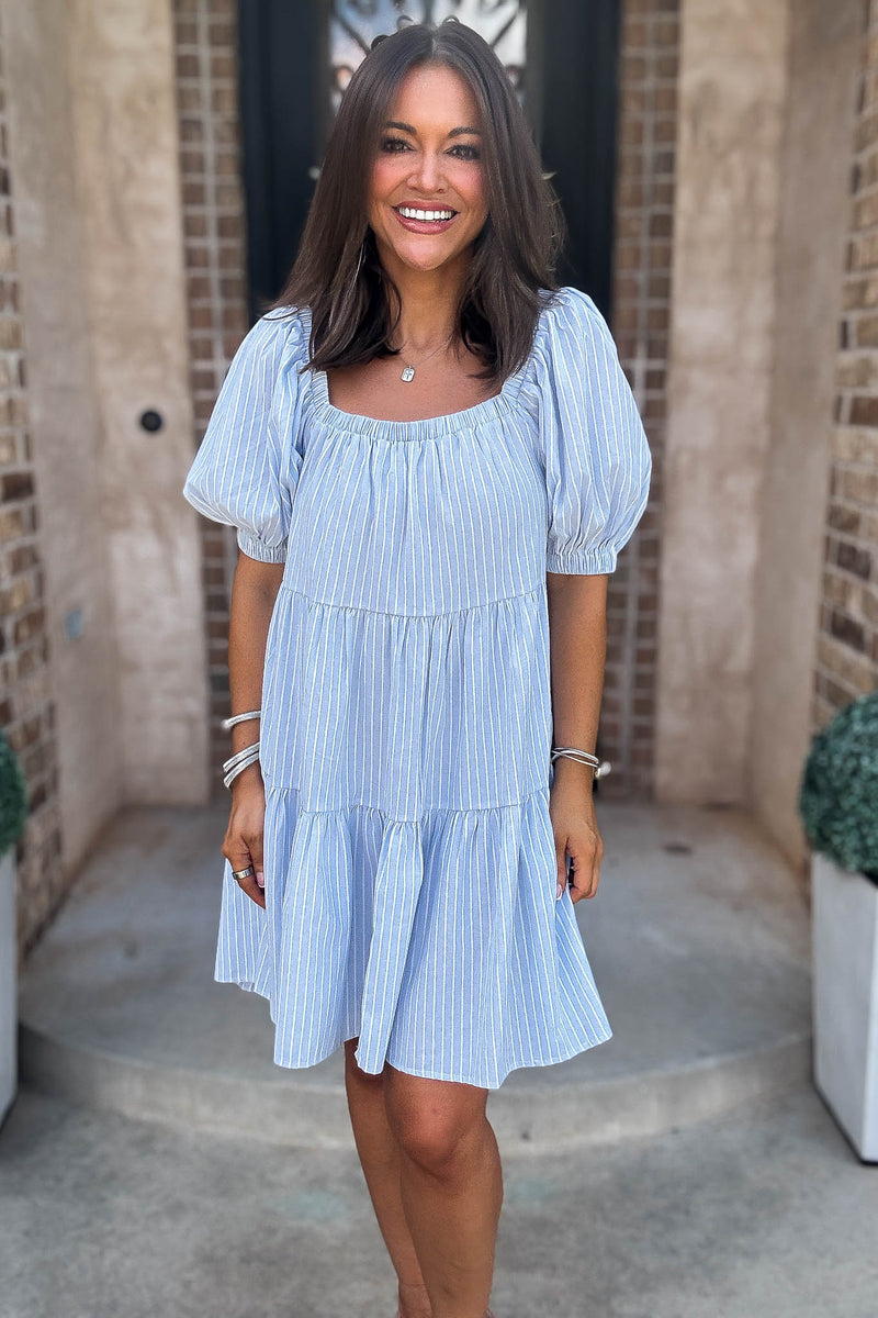 Mable Super Striped Puffed Sleeve Square Neck Mini Dress