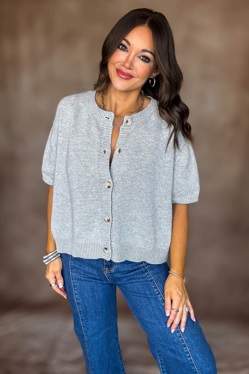 Short Sleeve Heather Grey Sweater Cardigan