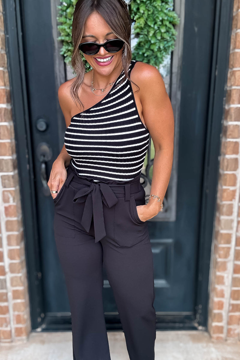 One Shoulder Striped Ribbed Knit Top