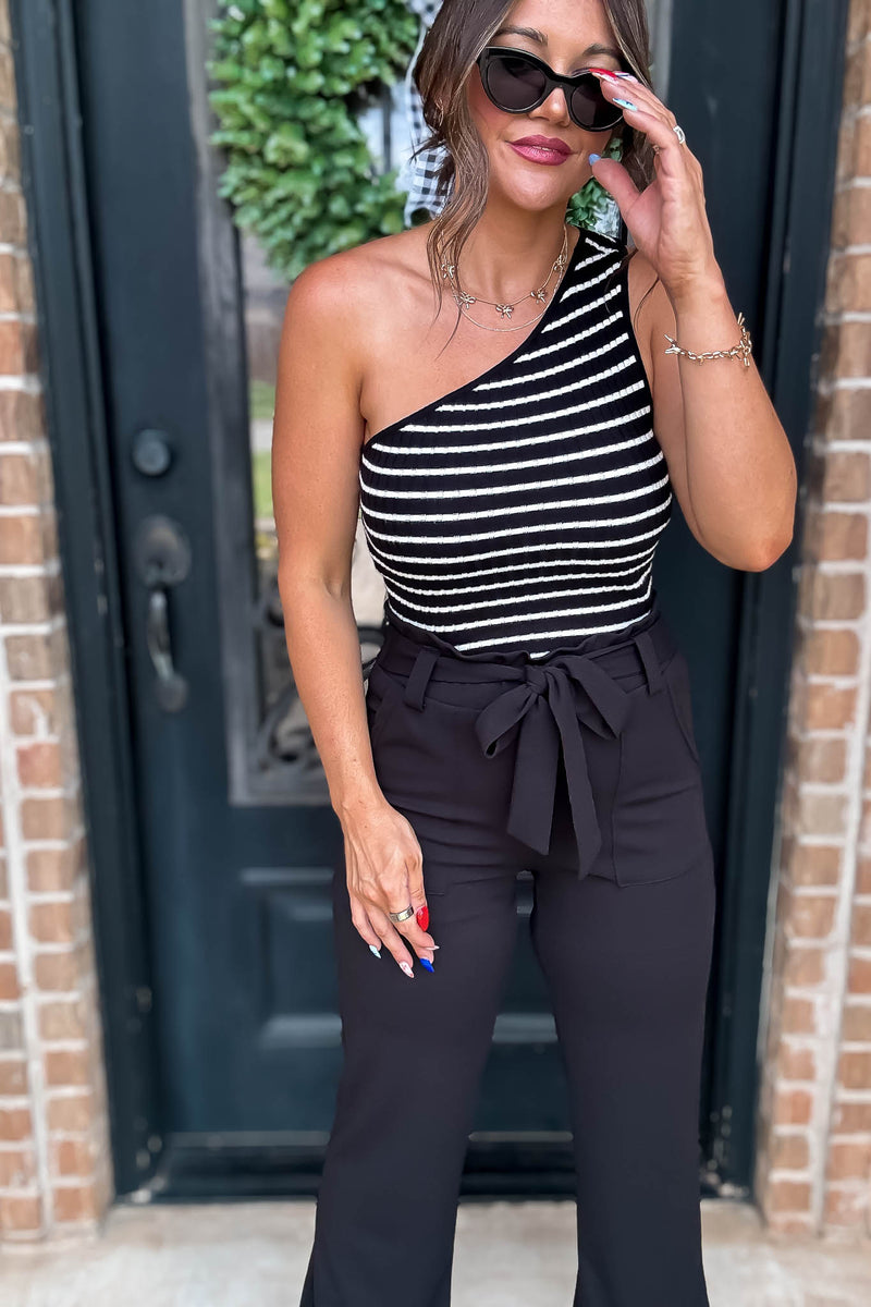 One Shoulder Striped Ribbed Knit Top