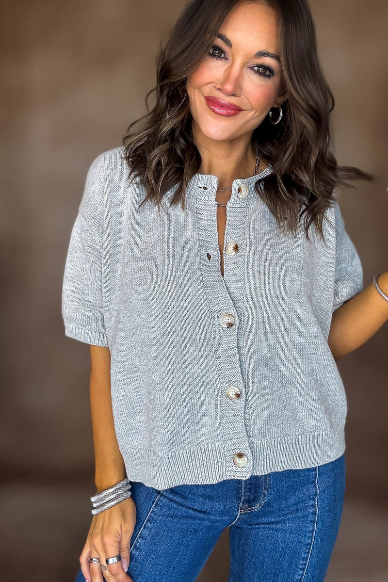 Short Sleeve Heather Grey Sweater Cardigan