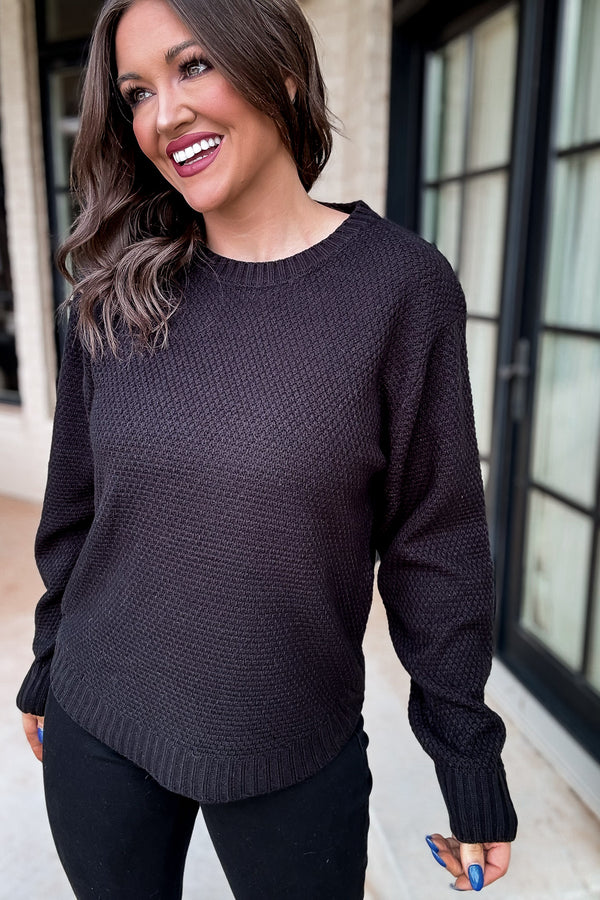 Around The Fire Black Round Neck Basic Sweater