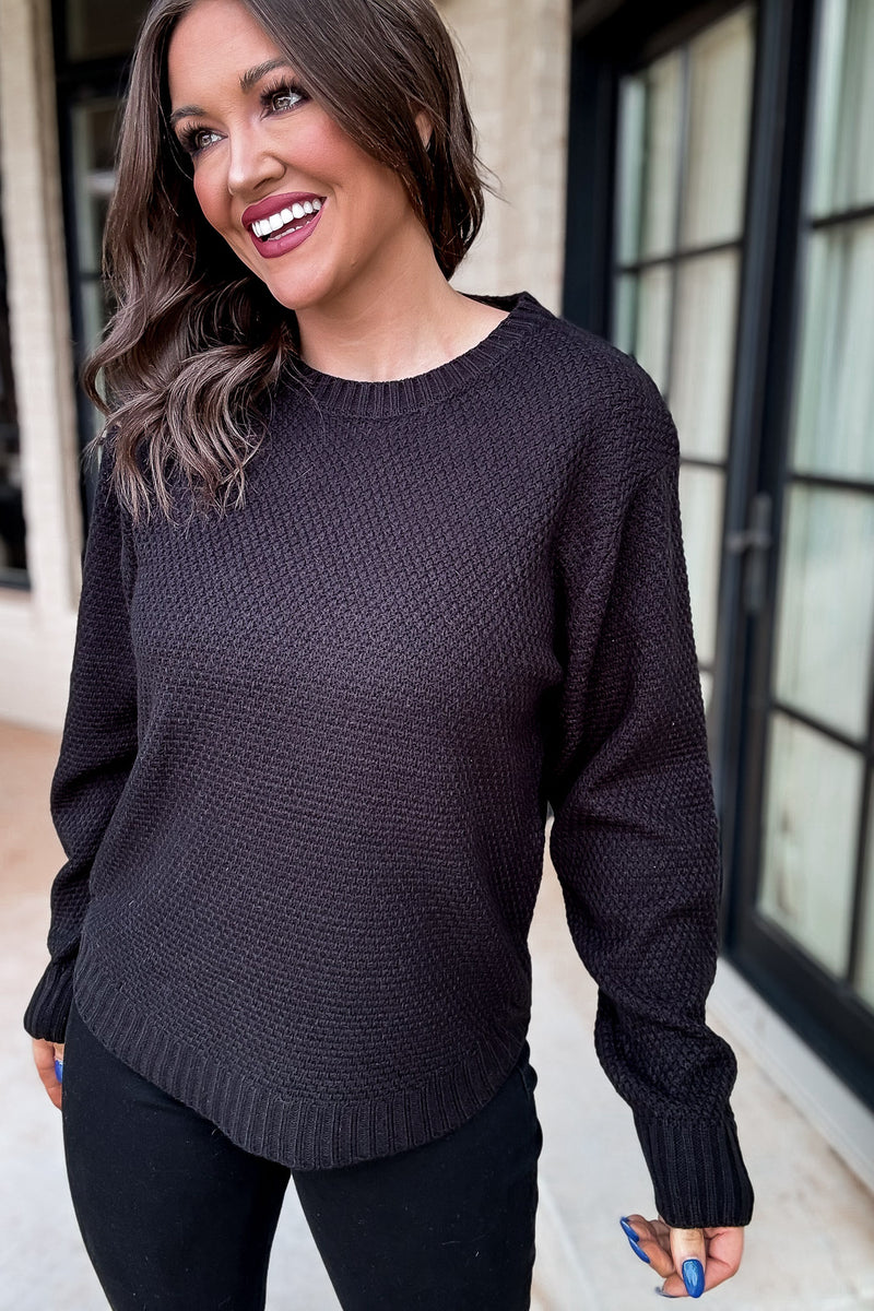 Around The Fire Black Round Neck Basic Sweater