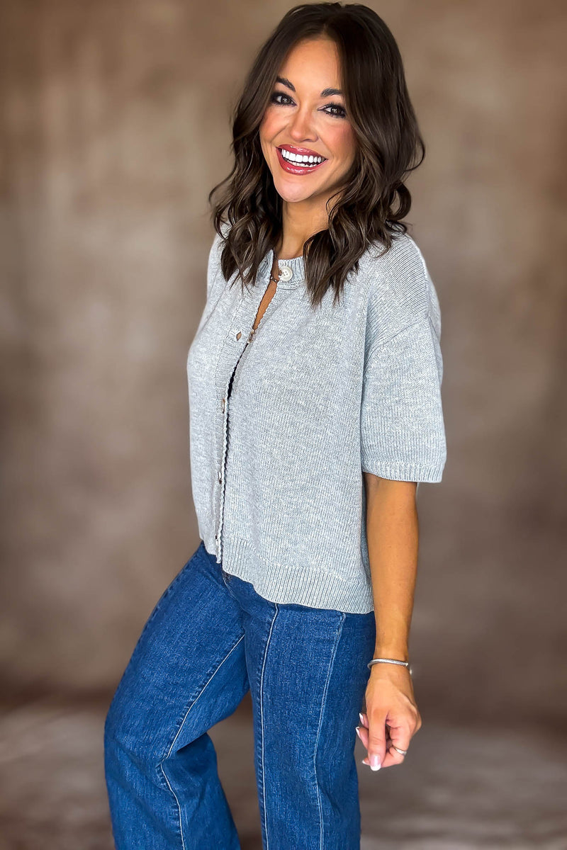 Short Sleeve Heather Grey Sweater Cardigan