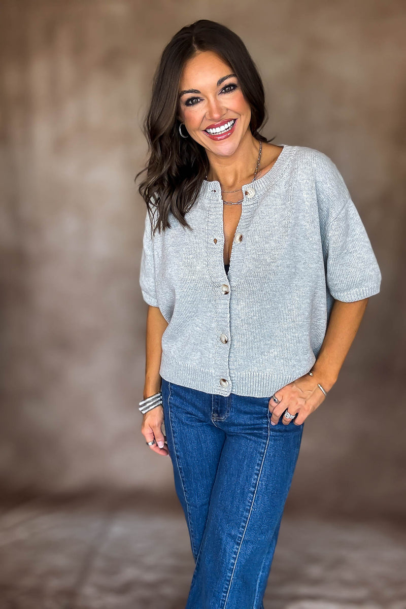 Short Sleeve Heather Grey Sweater Cardigan