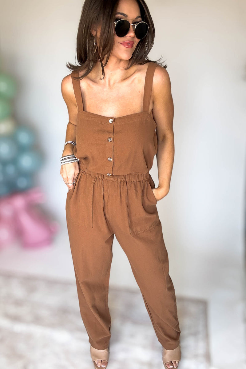 Button Down Walnut Jumpsuit