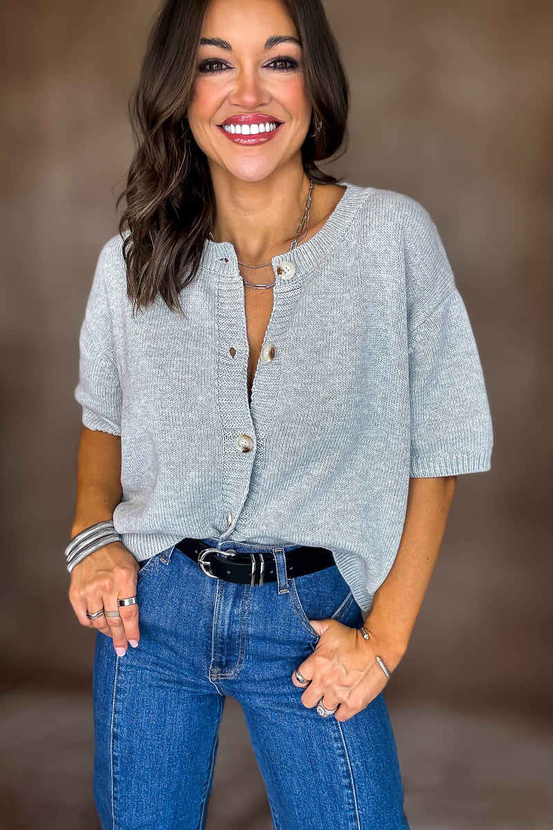Short Sleeve Heather Grey Sweater Cardigan