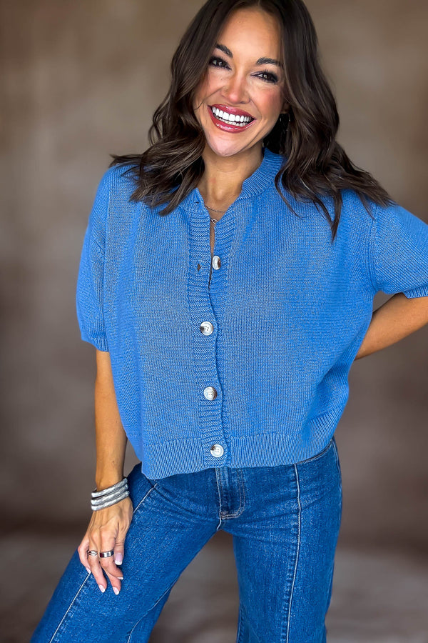 Short Sleeve Dusty Blue Sweater Cardigan