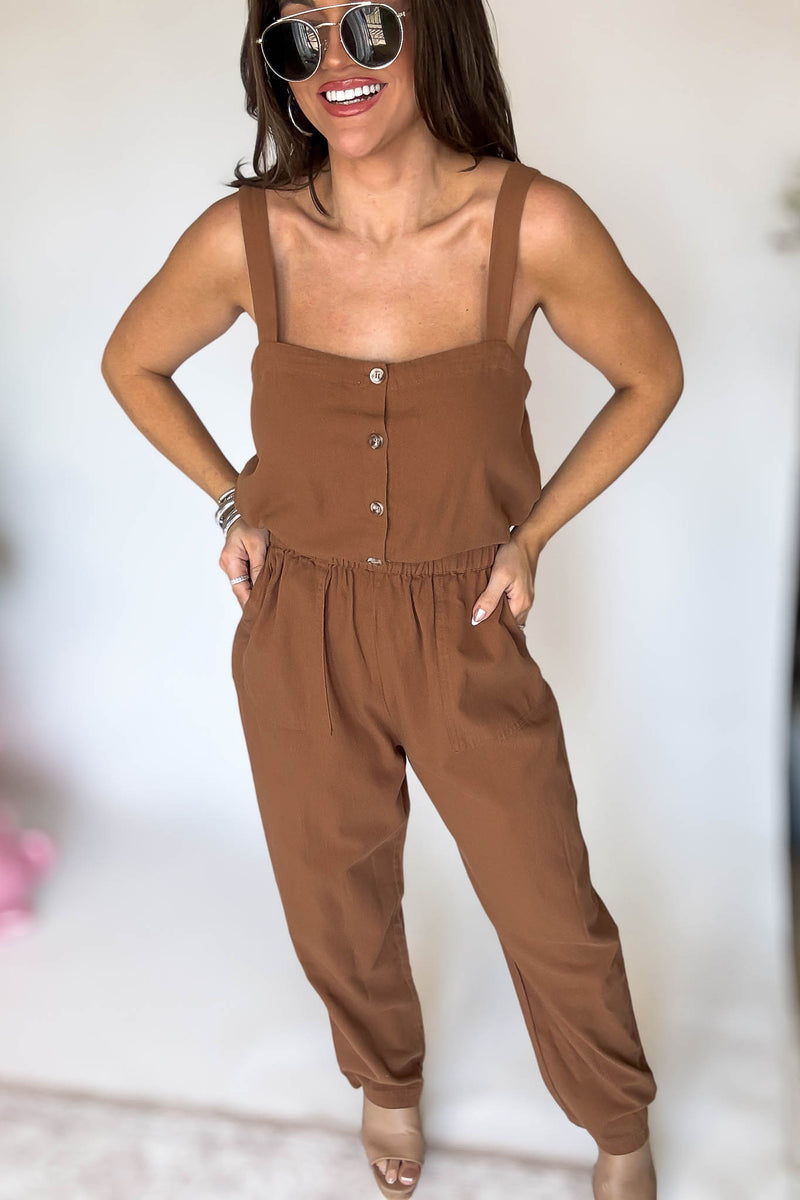 Button Down Walnut Jumpsuit