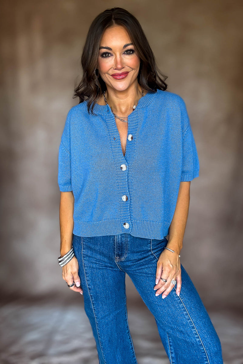 Short Sleeve Dusty Blue Sweater Cardigan